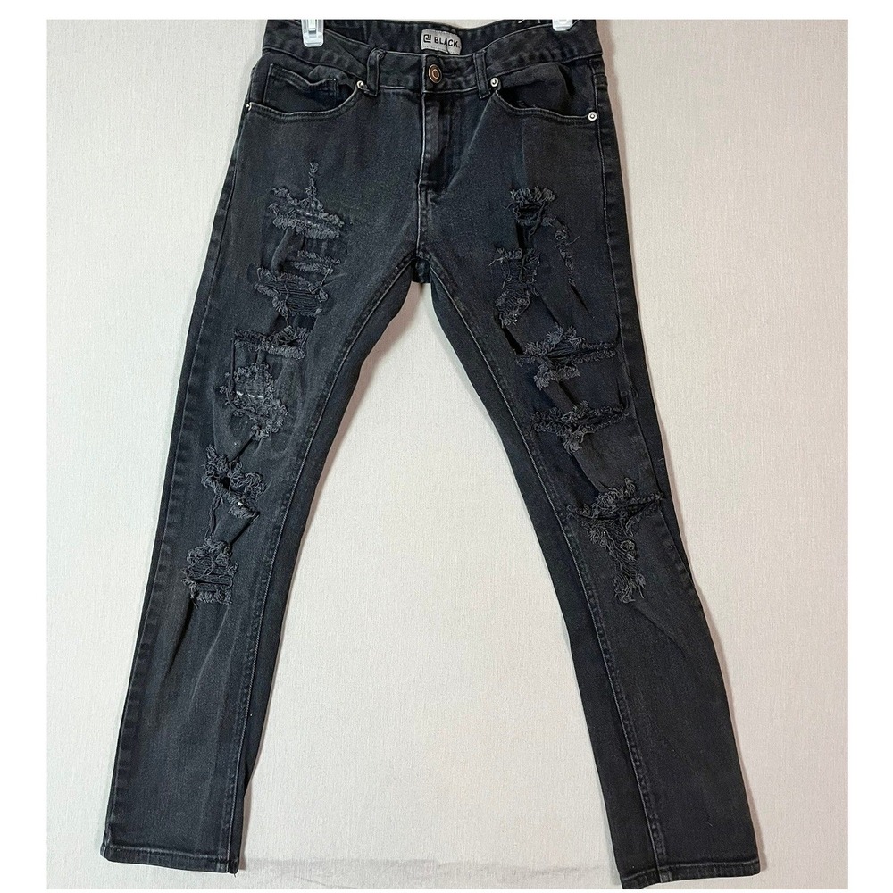 BLACK. Distressed Skinny Jeans – Black Ripped Denim Streetwear Pants EUC